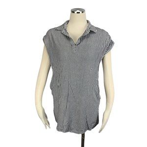 Thread & Supply Medium Top Pockets Tunic White Navy Blue Stripe Nautical